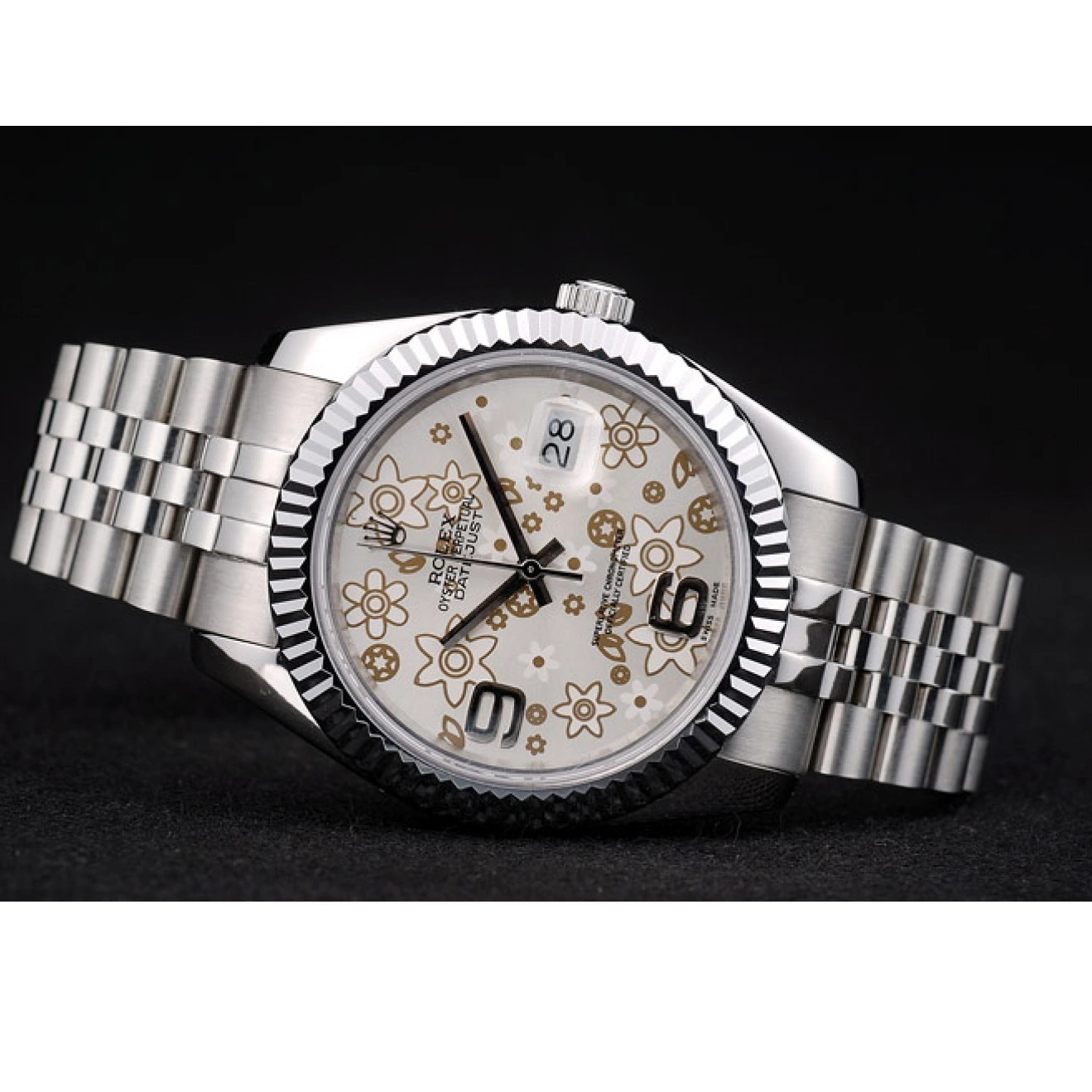 Aaa replica Rolex DateJust Ribbed Bezel Swiss Steel Stainless Flower Silver Dial 42001 0730